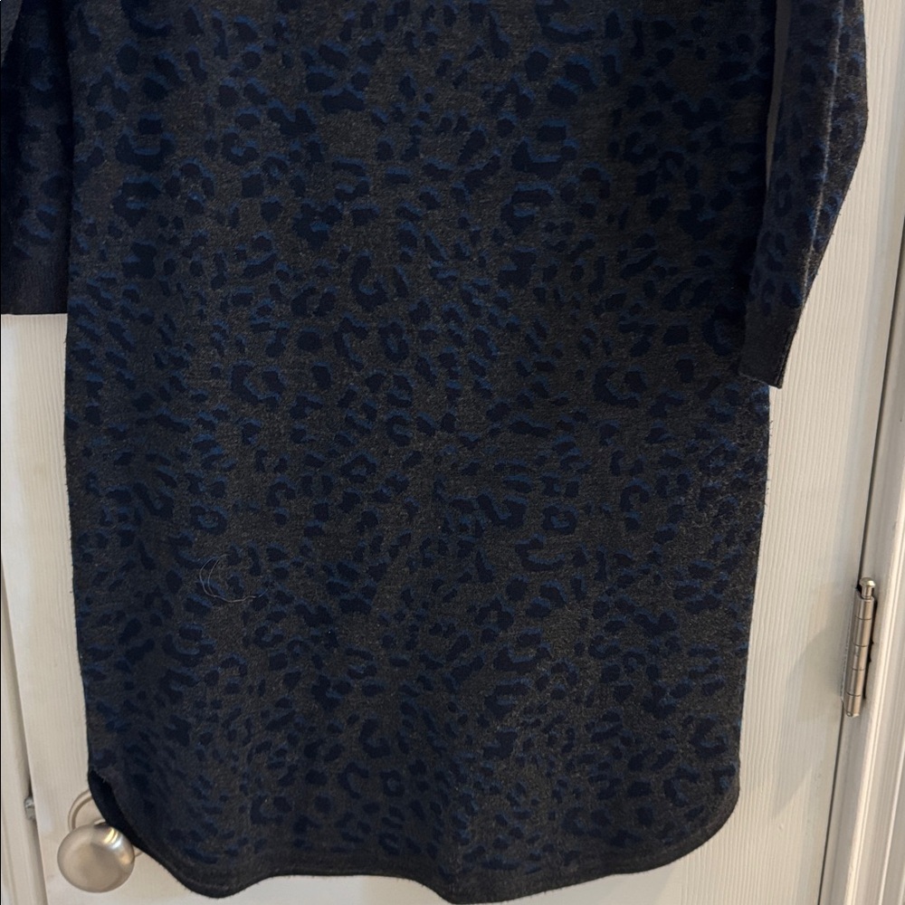 LOFT Charcoal, Navy & Blue Leopard Print Sweater Dress w/ Gray Trim - Picture 3 of 10